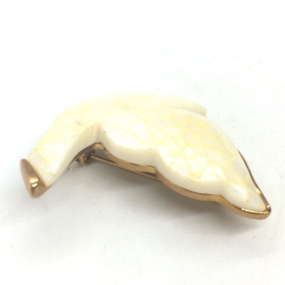 VINTAGE LIZ CLAIBORNE MOP DOVE BROOCH PIN GOLD TONE MOSAIC PEACE CHRISTMAS BIRD - Picture 8 of 16